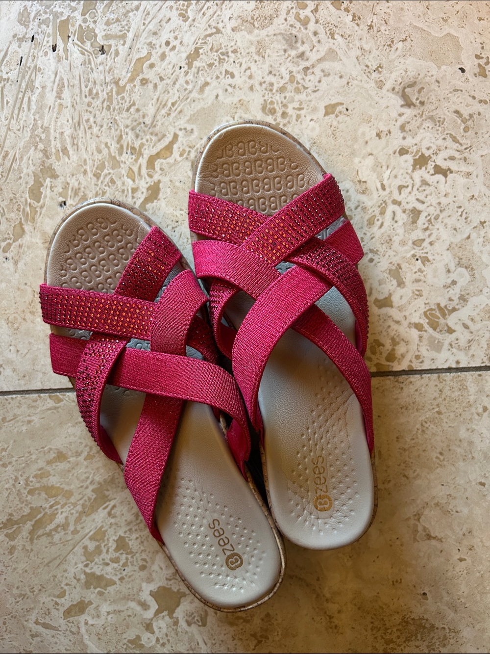 Bzees Women's Crisscross Slip-On Sandals in Raspberry Red with Sparkle